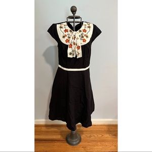 Eshakti Black and White Fit and Flare Dress with Colorful Floral Embroidery
